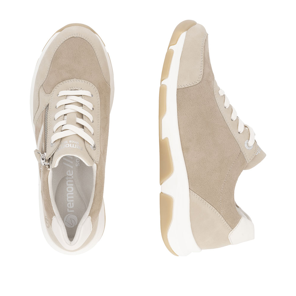 Remonte Damen Sneaker Beige Paar ein Schuh von oben und einer von der Seite